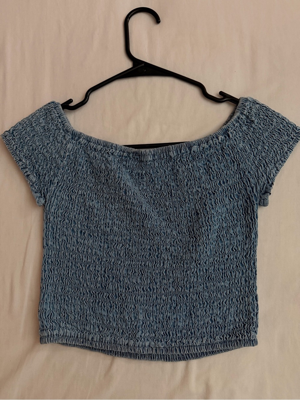 Light Blue Smocked Off-Shoulder Crop Top